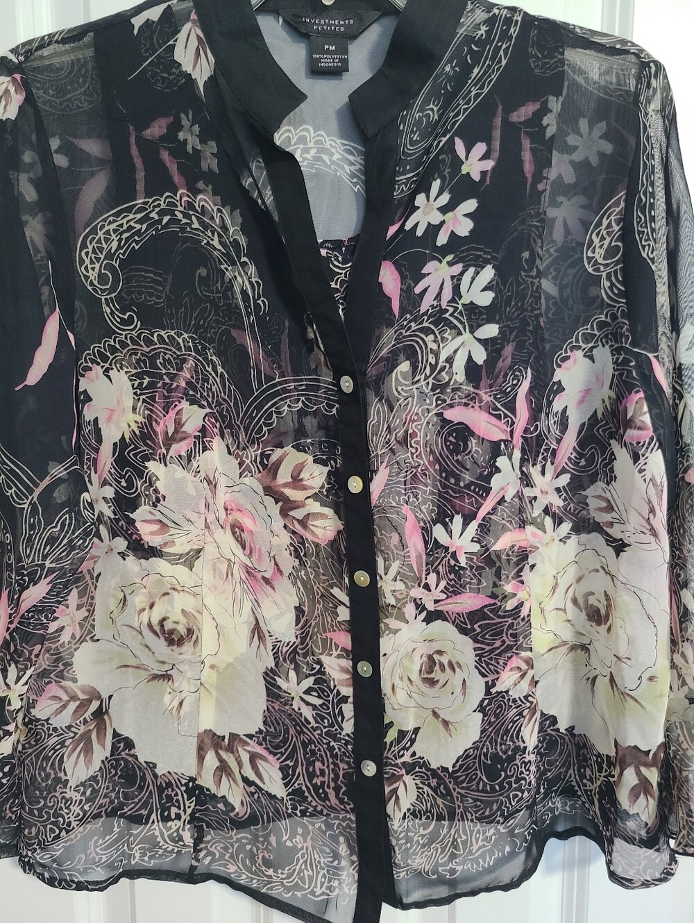 Investments Black Sheer Floral Button-Up Blouse with Pink & Cream Blooms